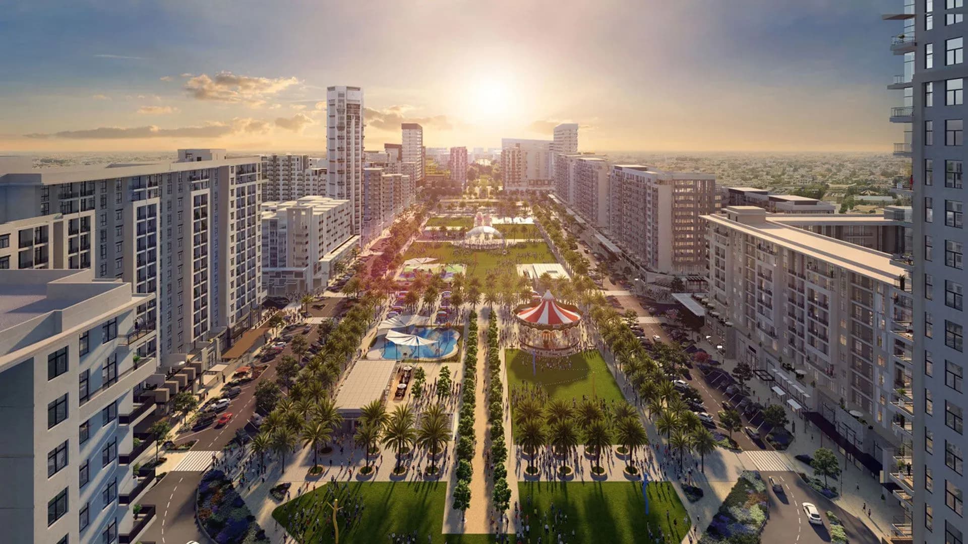 An aerial rendering of Town Square at sunset, showcasing its wide boulevards, green parks, and a carousel, surrounded by high-rise residential towers.