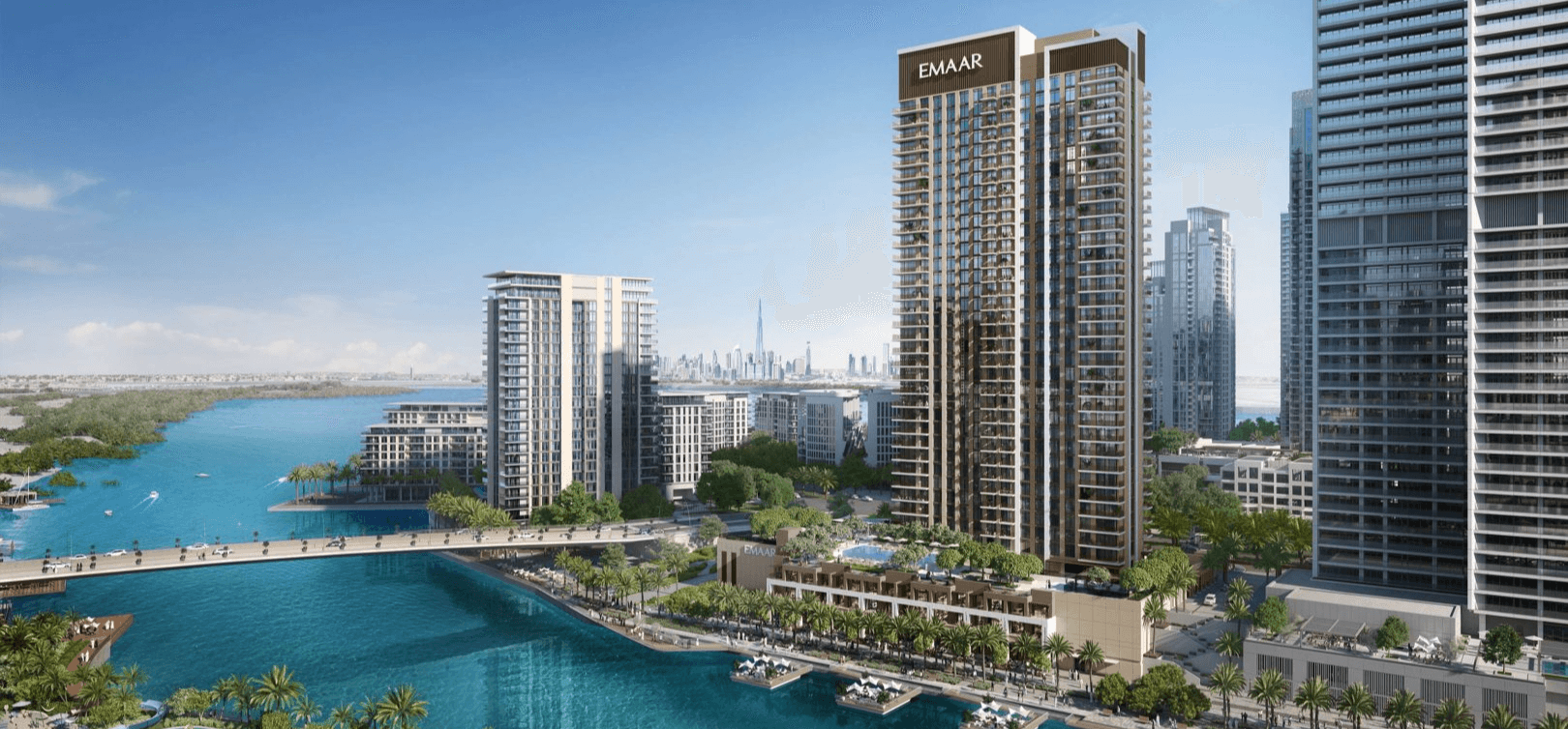 Luxury waterfront apartments at Dubai Creek Harbour with modern Emaar residential towers and marina views.