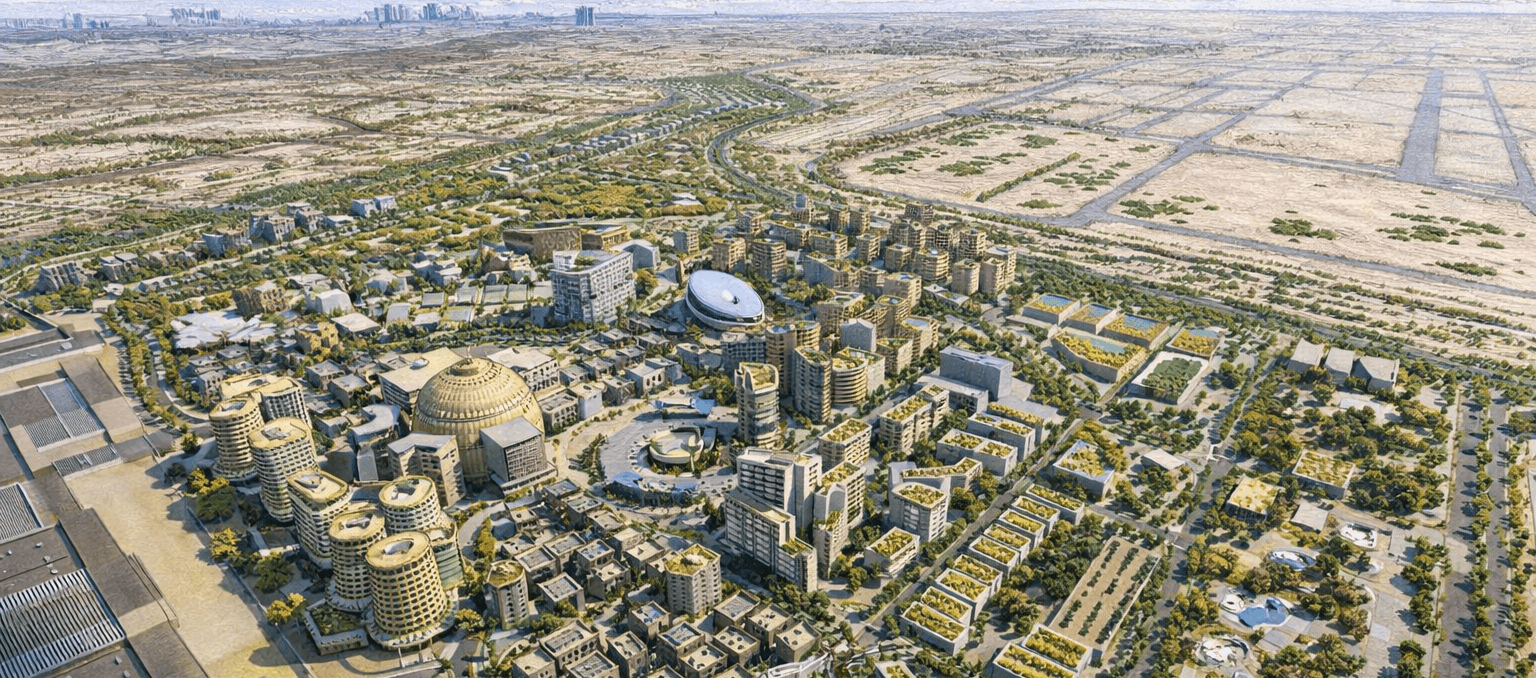 Expo City Dubai sustainable smart city development with modern buildings, green spaces, and innovation district
